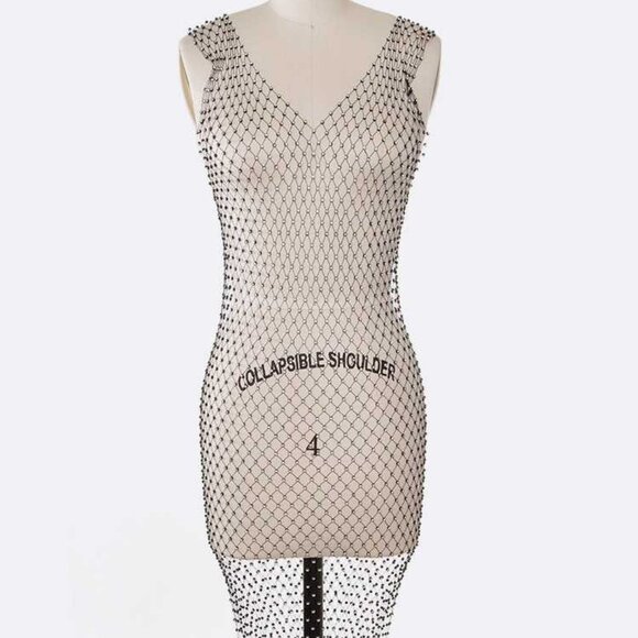Rhinestone Fishnet Mesh V Neck Knee Length Cover Up - Black - Picture 1 of 4
